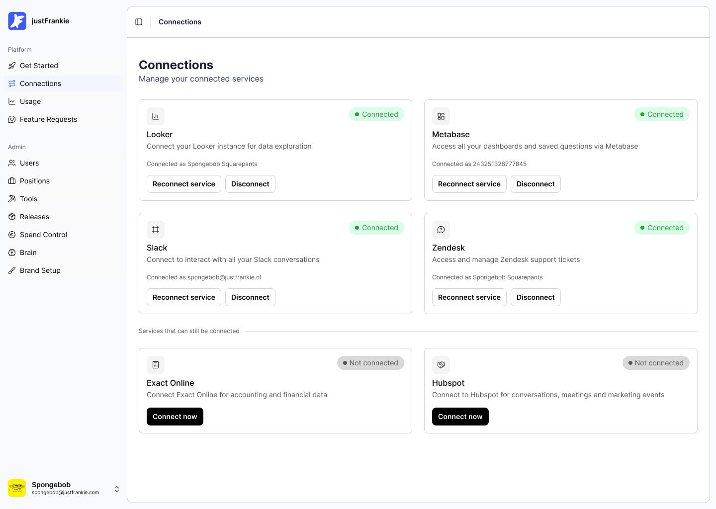 The JustFrankie Connections screen, showing Looker, Metabase, Slack and Zendesk connected.